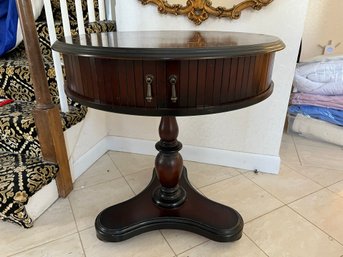 E/ #1 Of 2 Lovely Dark Wood Pedestal Base Drum Accent Foyer Entry Table W Sliding Front Doors For Storage