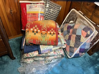 3B/ 6pcs - Quilt And Blanket Lot Including Red Sox Fleece Blanket, Native American Style Blanket Etc