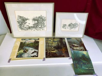 6pcs - 2 Black And White Pen And Ink Scenes, 4 Unframed Nature Scenes