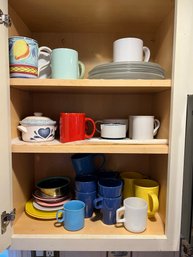K/ 3 Shelves Of Asstd Mugs & Dishes Mostly Solid Colors - Brands Like Ikea, Dansk, The Cellar & More