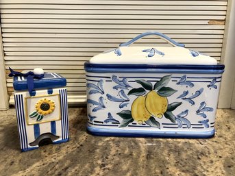K/ 2 Blue & White Pcs- Inspirado Seattle Stonelite Lemons Ceramic Bread Biscotti Box & Sunflower Tea Bag Caddy