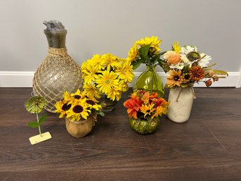 Box 7 Faux Flowers & Containers - Yellow Orange Red Flowers, Wicker Surround Glass Vase, Metal Photo Holder