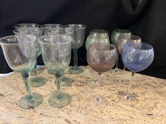 K/13 Assorted Colored Wine Glasses - 7 Thick Green Glass Flared Top, 6 Thin Delicate Glass Balloon Goblets