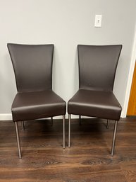 TE/ 2 Contemporary Metal And Vinyl Brown Dining Chairs Lot #2