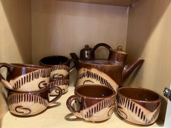 K/ 7 Pc Unique Rustic Look Brown Glazed Double Spout Teapot W 6 Matching Cups Made In Bulgaria