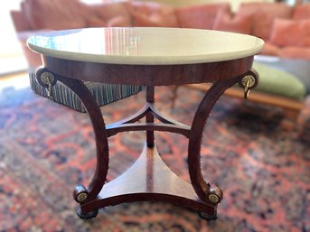 LR/ Dark Wood Base With Round Ivory Marble Travertine Top Accent Table On Wheels
