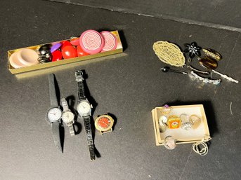 K/ Bag - Eclectic Collection Of Clip Earrings, Rings, Pins, Watches, Hair Clips - 1 Vntg Royce Watch Etc