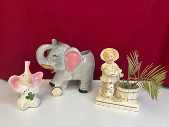 AD/ 3pcs - Vintage Ceramic Planter And Figurines - Japan