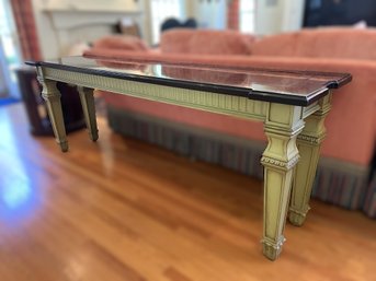 LR/ Gorgeous 84' Long Green Wash Base And Dark Wood Top Sofa Console Table