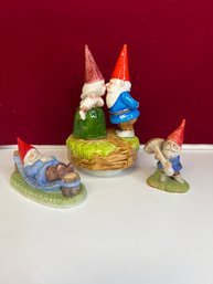 AD/ Box 3pcs - Collection Of Painted Ceramic Gnomes - Enesco, Gorham Etc