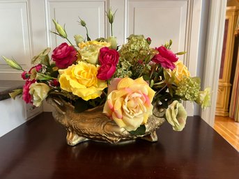 K/ Ornate Gold Footed Plaster Urn W Lovely Silk Rose Florals