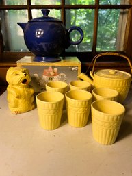 FR/ 10pc Tea Lovers Lot: Yellow Tea Set Japan With Dog Creamer, Blue Fiesta Tea Pot Etc