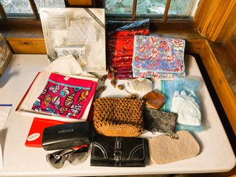 K/ Box - Purses, Wallets, Versace (?) Sunglasses, Vera Bradley Gift Set, Echo Silk Scarf Etc