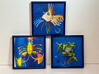 3 Bright Colorful Framed Art By Lauri Kaihlanen - Frog, Lobster & Crab
