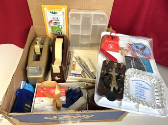 AD/ Box - Assorted Office Supplies - Some Vintage And Small Items: Swiss Army, Hammet, Signal Telegraph Etc