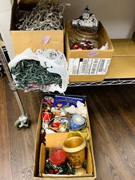 AD/ 3boxes - Variety Of Christmas Lights And Decorations, Books, Ornaments, Candles Etc