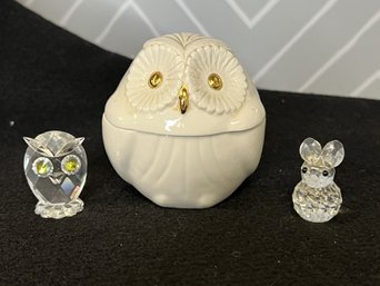 E/ Bin 3pcs - Small Figurines: Italian Owl Trinket Box, Miniature Swarovski Crystal Bunny And Owl