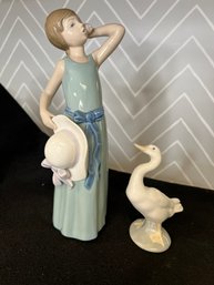 E/ Bin 2pcs - Lladro Porcelain Prissy Coiffure Girl With Hat And Little Duck Figure