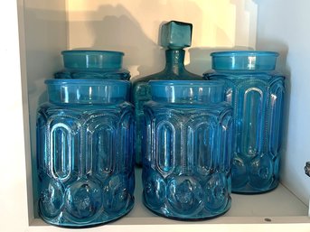 K/ 5 Pc Aqua Blue Pcs - 2 Lg 2 Med L E Smith Blue Moon & Stars Open Jars, Italian Empoli Style Sq Decanter