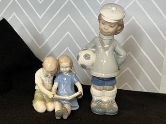 E/ Bin 2pcs - Porcelain Figures: Lladro Boy Soccer Player And (Not Lladro) Boy And Girl Reading