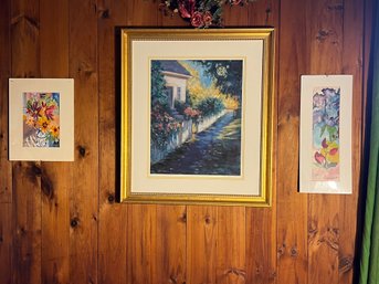 FR/ 3pcs - Artist Proof #1 'Rockport Walk' - Eileen Mueller, 2 Matted Watercolor Florals - J. Gleason