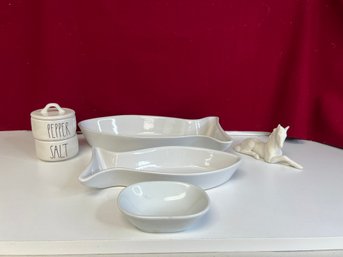 AD/ 6pcs - Assorted White Ceramic Dishes And Horse Figurine: Rae Dunn, Deltis Portugal, Crate & Barrel Etc