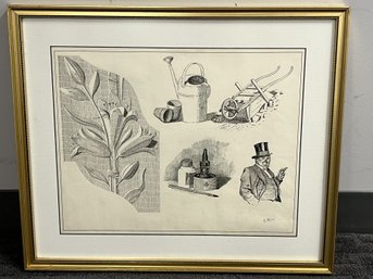E/ Framed Pen And Ink Sketches Drawings By Swedish Artist H. Helin