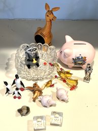 K/ 18 Pc Miniatures - Pottery Jugs, Glass Animals, Pigs, Glass Candle Holders, Wind Up Raccoon, Wood Angel...