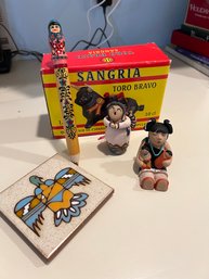 K/ 5pc Around The  World - Empty Spain Sangria Bull, Southwestern Tile Coaster & 2 Figures, Lrg Russian Pencil