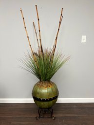 Large Decorative Metal & Wood Floor Vase On Pedestal W Faux Greens & Bamboo Sticks