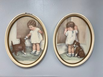 AN/CR157 - 2pcs - Oval Framed Baby Prints: Bessie Pease Gutmann - 'The Reward' & 'In Disgrace'