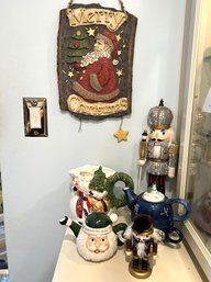 K/ 6 Pc Christmas Decor Lot - Wall Plaque, 2 Tea Pots, 2 Nutcrackers, Pitcher