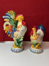 E/ Bin 2pcs - Colorful Fitz & Floyd Rooster And Chicken Candle Holers
