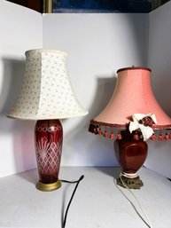 2B/ 2 Red Lamps: Tall Etched Cut Glass Lamp W Anchor Motif Shade & Ceramic Lamp W Fringed Shade