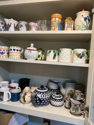 K/ 3 Shelves Asstd Creamer Sugar Mugs Teapots - Boleslawiec Pottery, Franciscan Desert Rose, Otagiri, Dansk...