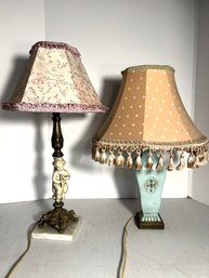 2B/ Marble Bronze Base Cherub Lamp & Metal Base Ceramic Light Green Lamp, Both W Pretty Shades