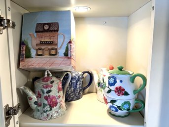 K/ Shelf Of 5 Asstd Teapots - Otagiri, Royal Danube, Victoria..etc