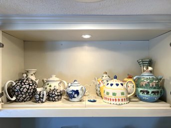 K/ Shelf W 8 Teapots (1 A Music Box), 2 Vases, Cream & Sugar, Glass Swan - Lefton, Nantucket, Whittard..