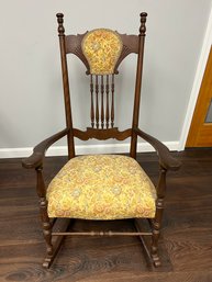 AD/ Vintage Wood Upholstered Rocking Chair With Lovely Carved Detailing