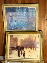 2B/ 2pcs - Large Framed Art Reproductions: Boston Tremont Street And Girls In Fields Of Flowers