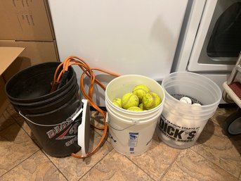 1H/ 3 Bins Filled W Assorted Baseballs, Softballs, Tennis Balls & A Set Of Jumper Cables