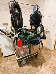 1H/ 3 Pc: Hotel Bellman Luggage Cart W 2 Bins Assorted Backpacks, Duffle Bags, Umbrellas, Throw Blankets Etc