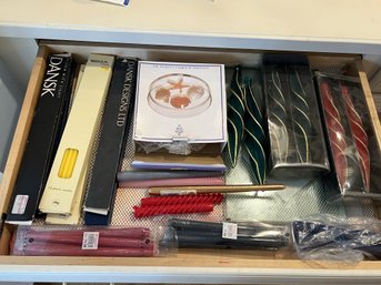 K/ Drawer Filled W Assorted Candles - Mostly Tapers, 1 Box Floating Candles - Dansk, Yankee Candle, Molta...