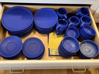 K/ Drawer Filled W 52 Pcs Pretty Cobalt Blue Colored Pottery Plates, Bowls, Cups & Saucers...