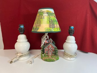 AD/ 3pcs - Schoolhouse Lamp With Shade, Pair Small White Ceramic Lamps