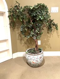 2L/ Tall Faux Artificial Tree In Pretty Ceramic Large Blue Pot W Butterflies & Flowers