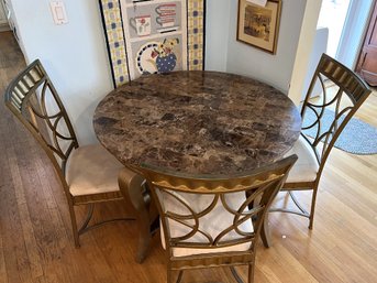 K/ 4 Pcs - Round Marble Top Metal Framed Table W 3 Matching Metal Framed Upholstered Seat Dining Chairs