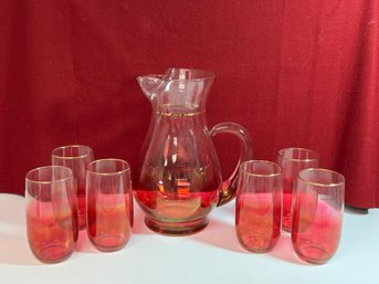 AD/ 7pcs - Vintage MCM Gorgeous Gold Banded Cranberry To Clear 'Blendo' Pitcher And Glasses