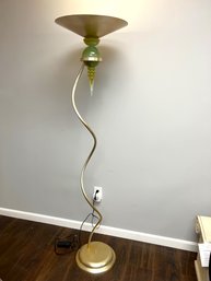 Unique Art Deco Curvy Torchiere Floor Lamp Gold Finish Metal W Green & Amber Faux Marble Ball Accents