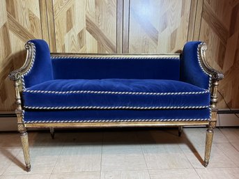 C/ Elegant Regency Style Entry Bench - Ornately Carved Frame, Gilt With Blue Velvet Fabric